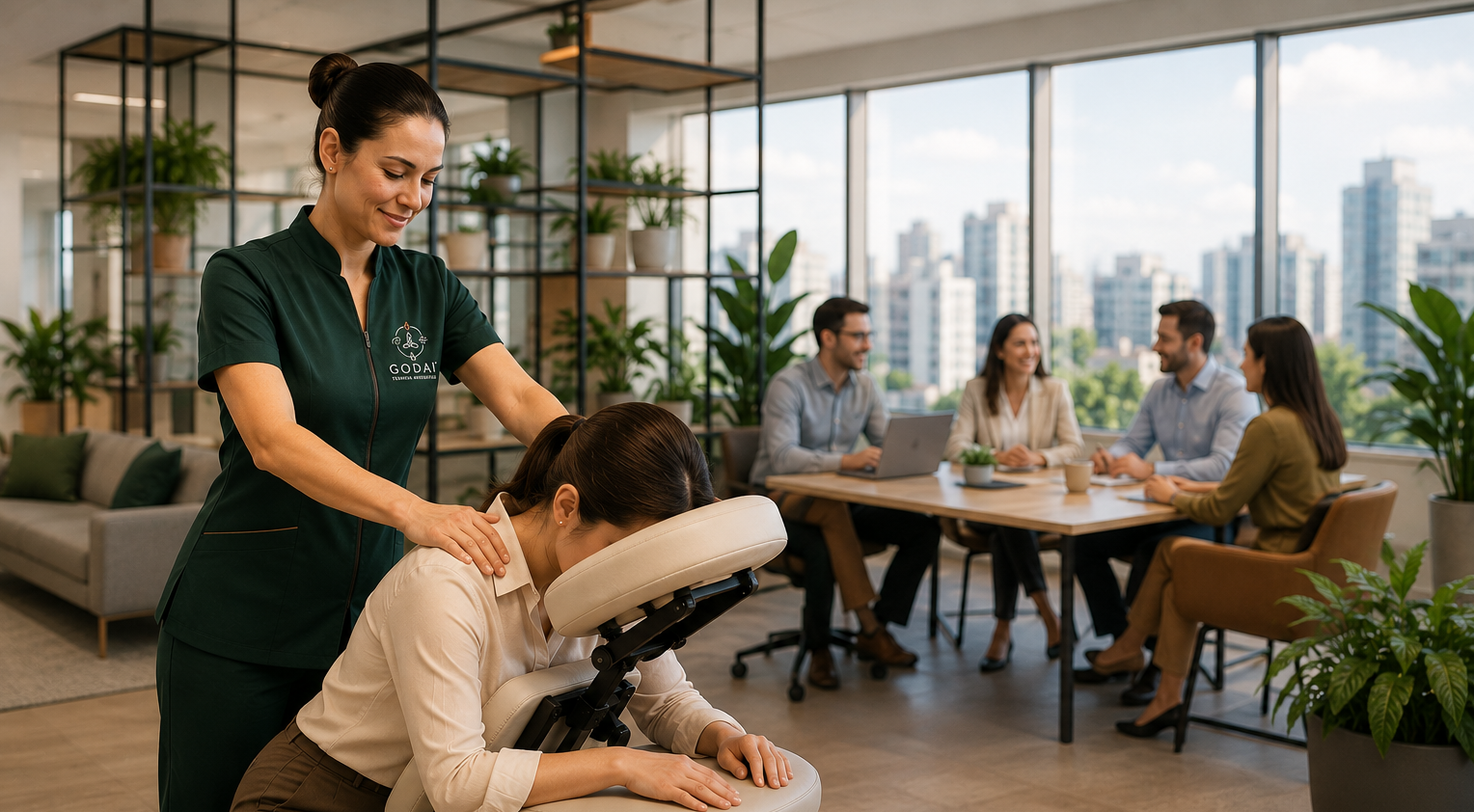 Terapeuta Godai realizando Quick Massage em ambiente corporativo
