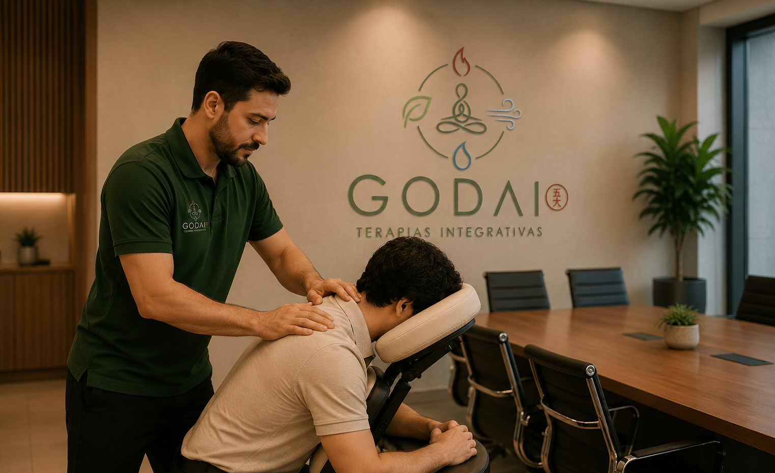 Sessão de Quick Massage corporativa em escritório
